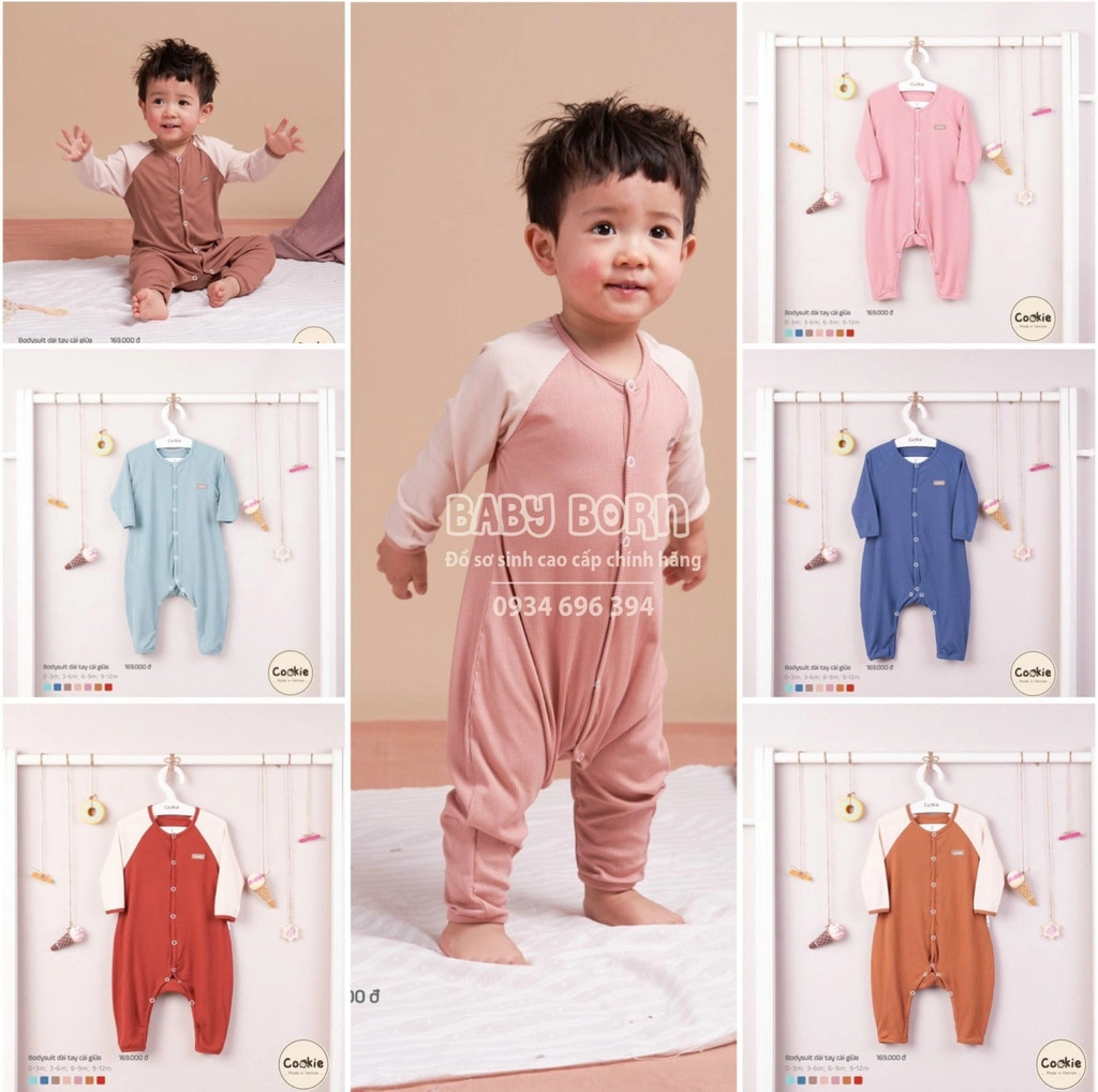 Cookie - Bodysuit dài tay cài giữa cotton tăm mềm mại
