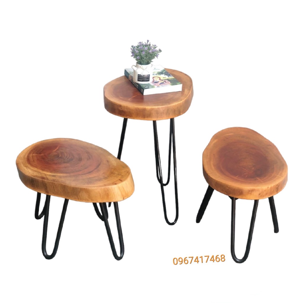 Bàn gỗ decor mini sân vườn - bàn Gỗ xà cừ đã có chân sắt - Bàn gỗ caphe hình tròn - Hòa Phát - KT : - bàn xà cừ