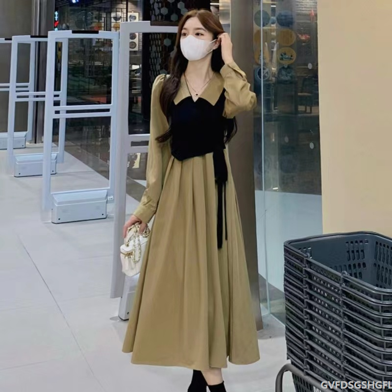 đầm dress 裙子Váy dài váy thắt lưng nhẹ nhàng Phong cách thiết kế giả hai mảnh Váy xuân thu Pháp che bụng t7239