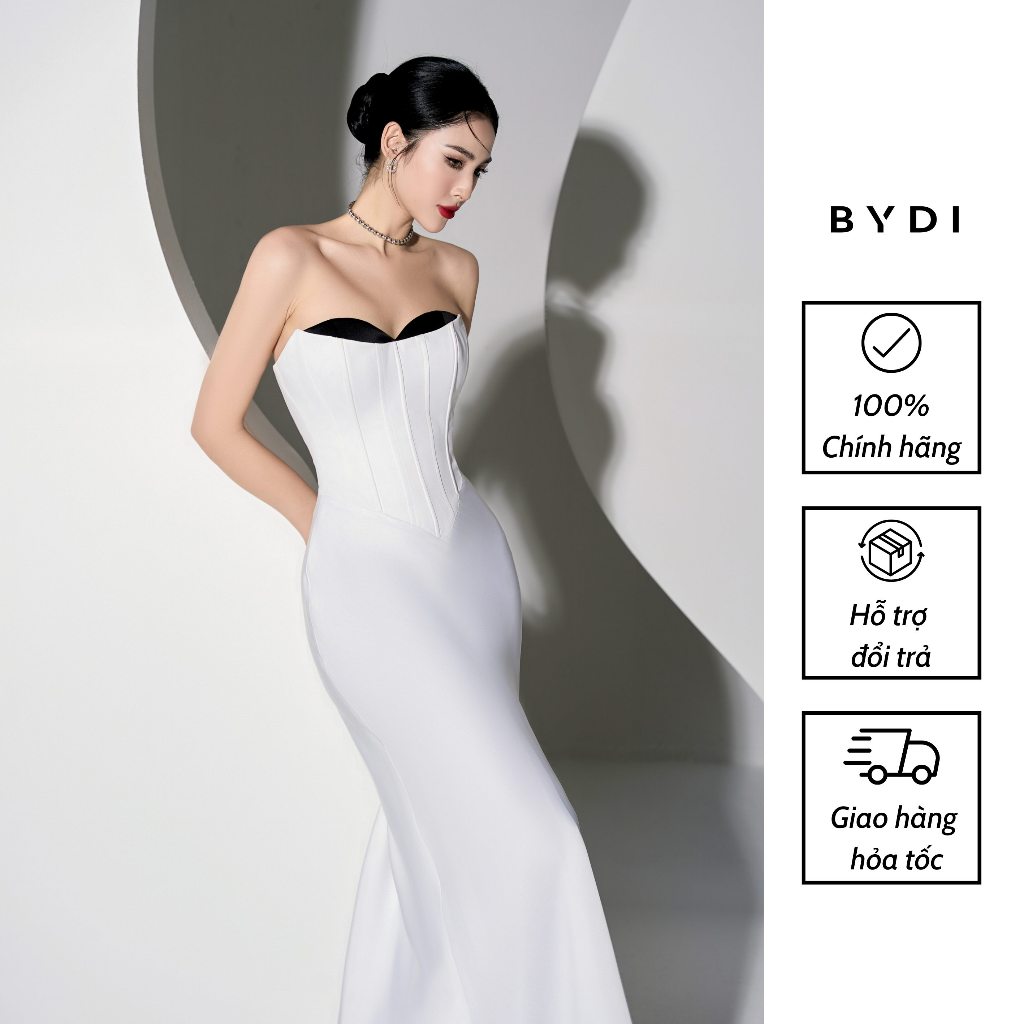 Váy cúp ngực nữ dáng dài bydi design đầm trắng nữ thiết kế phối viền ngực đen quyến rũ | jenner dress