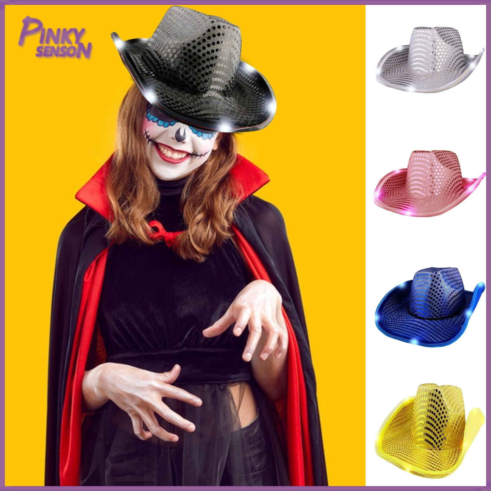 LED Light-Up Cowboy Hat Retro Western Style Luminous 5 Color Available Sunshade Sequin Cap Christmas Party Nightclubs Performance Photo Prop Cap ราคา 237 บาท*ส่งฟรี