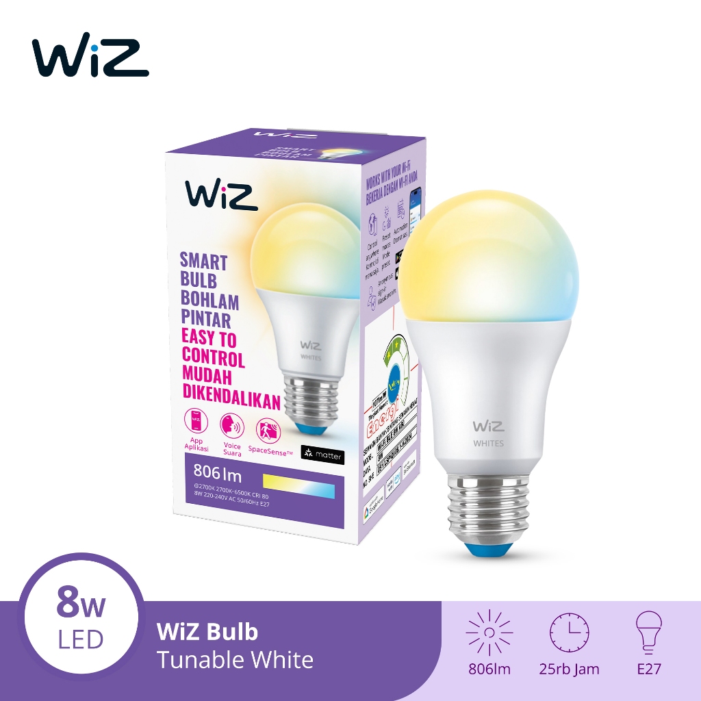 WiZ Lampu LED Smart 8W WiFi Smart Bulb TW Putih - Lampu Tidur