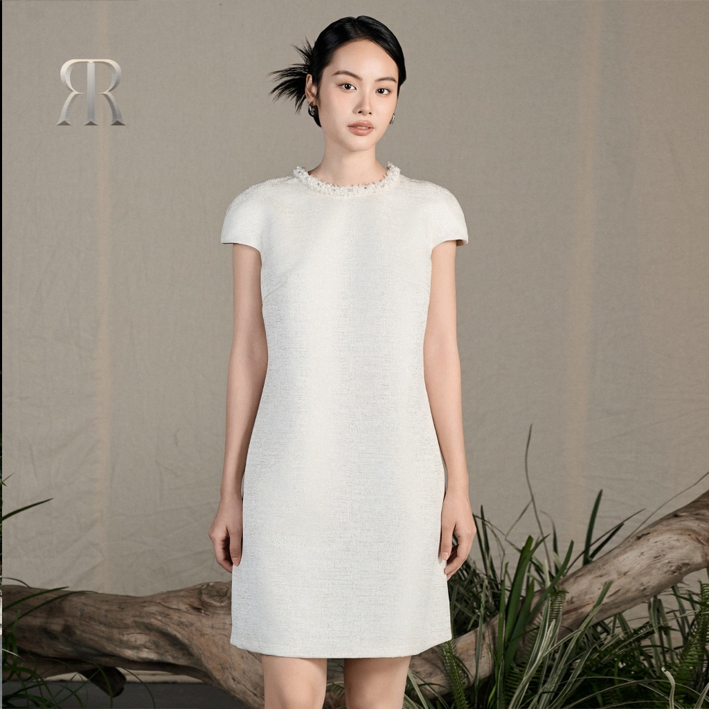 Rập - đầm cổ tròn đính dây tweed tay lỡ thân suông - hyatt 02