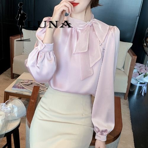 LUNAáo girl phố nữ áo crotop nữ kiểu   Phong cách Pháp Bowknot Strainer Áo sơ mi Nữ tính cao cấp Gloss Sense Super Fairy Áo sơ mi mùa xuân và mùa thu trang phục voan dài tay áo áo sơ mi form rộng  set đồ nữ đẹp áo nữ rẻ vô đố