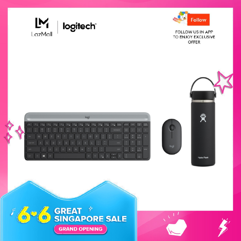 Logitech MK470 Slim, Compact and Quiet Wireless Keyboard and Mouse Combo + Hydro Flask Wide Mouth Flex Cap 20oz Water Bottle Singapore