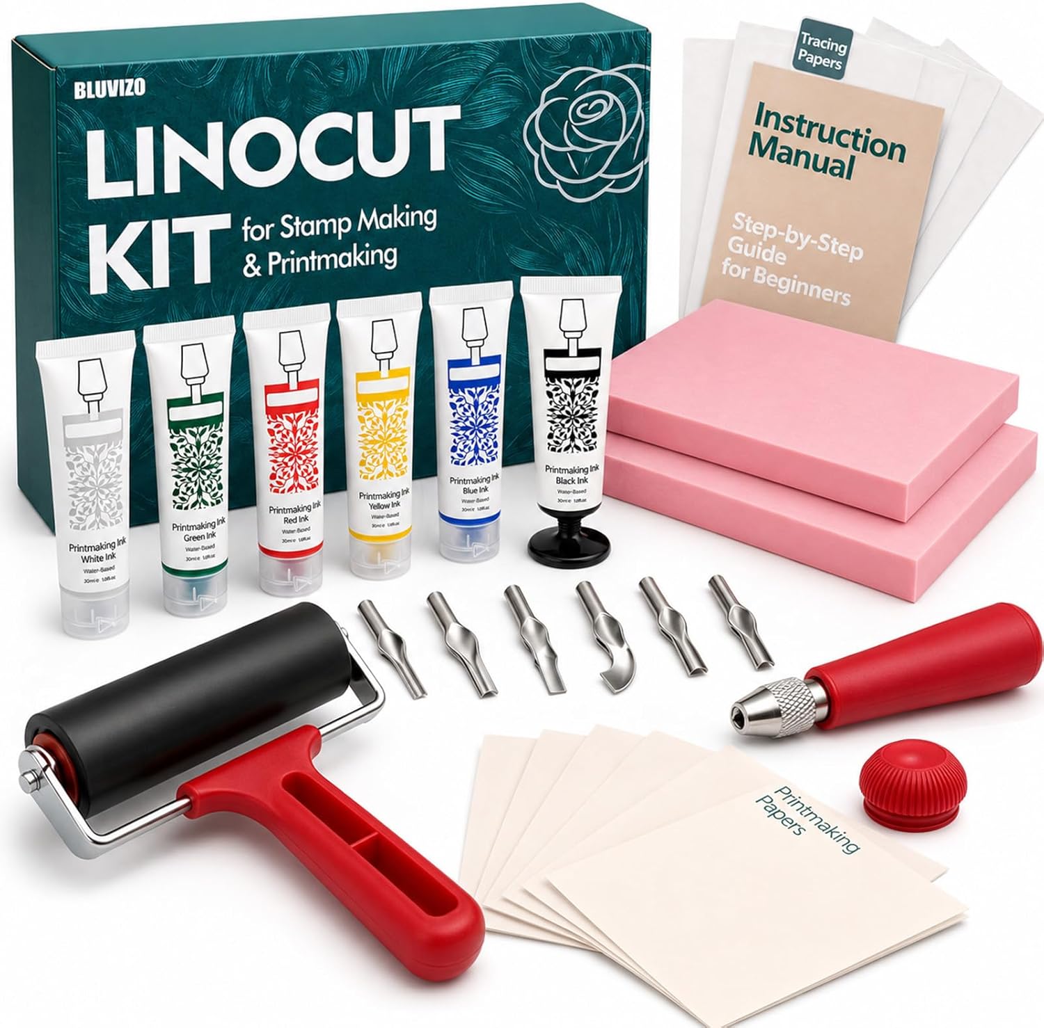 Linocut Kit for Printmaking & Stamp Making: Linocut Tools Block Printing Kit Supplies with Linoleum Blocks Ink Brayer Guide for Beginners - DIY Hobby & Christmas Birthday Gift for Adults & Kids