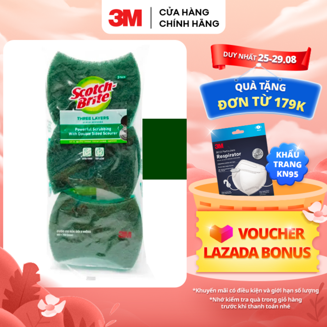 Combo 3 Miếng rửa chén 3M™ Scotch-Brite®, cước cọ rửa 2 mặt, siêu sạch, chống trầy, Làm sạch các vết bẩn cứng đầu