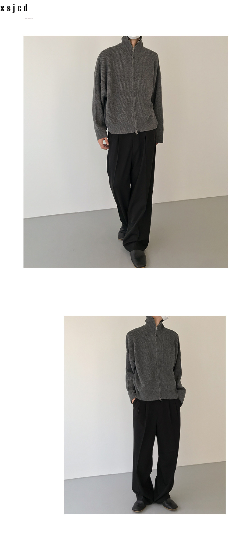 xsjcd Cardigan sweater jacket men's autumn and winter Hong Kong style solid color sweater trendy design casual stand-up540_voghion.com