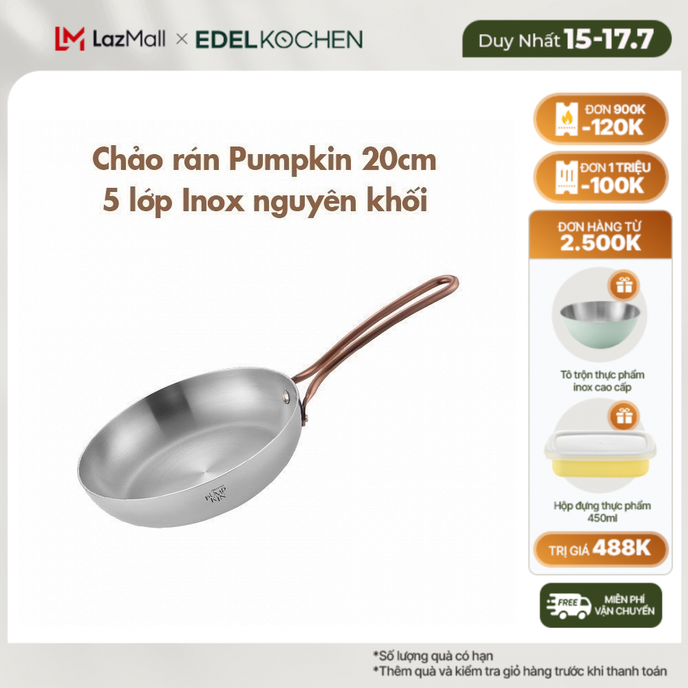 Chảo chiên inox 5 lớp nguyên khối cao cấp Edelkochen Pumpkin Collection size 20cm