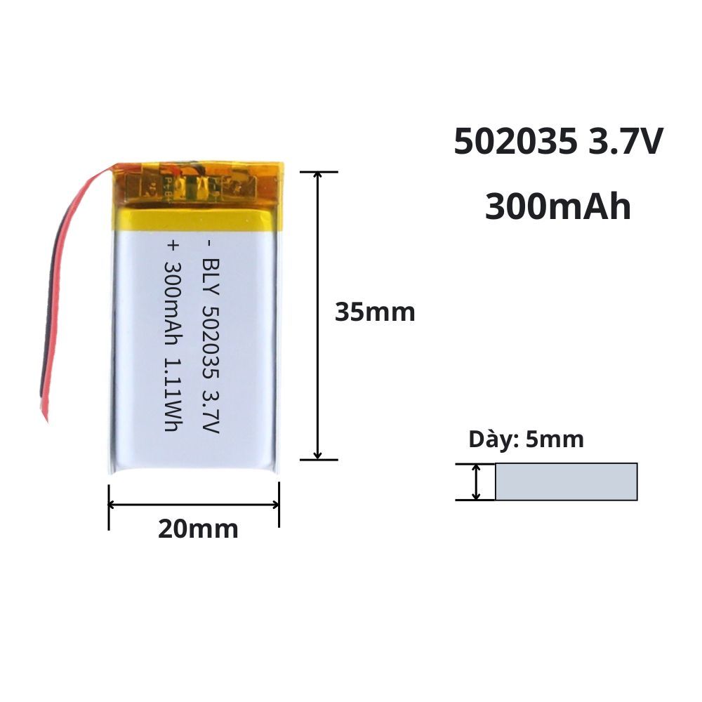 Pin sạc 3.7V 502035 300mAh cho tai nghe Loa thiết bị điện tử