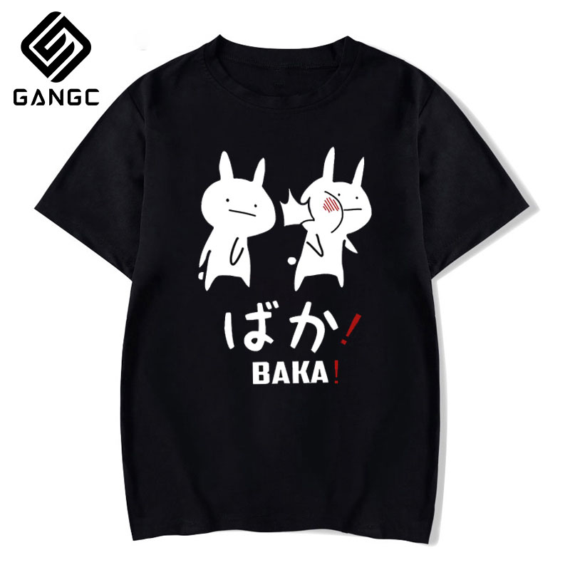 Baka Rabbit T-Shirt Black Tshirt Streetwear Mens Clothe Anime Cotton Shirt Japanese Friend Couple T