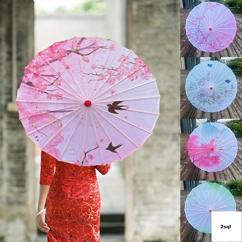 1 chiếc ô lụa đạo cụ chụp ảnh Ô in nhiều màu giấy dầu cổ điển cho phụ kiện Hanfu tay cầm dài