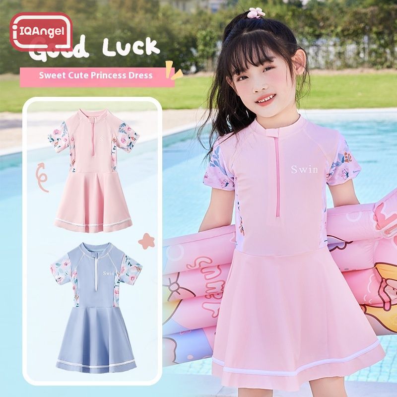 Váy đi bơi áo tắm bé gái IQAngel, áo tắm một mảnh trẻ em, áo tắm nhanh khô độ co giãn cao in họa tiết