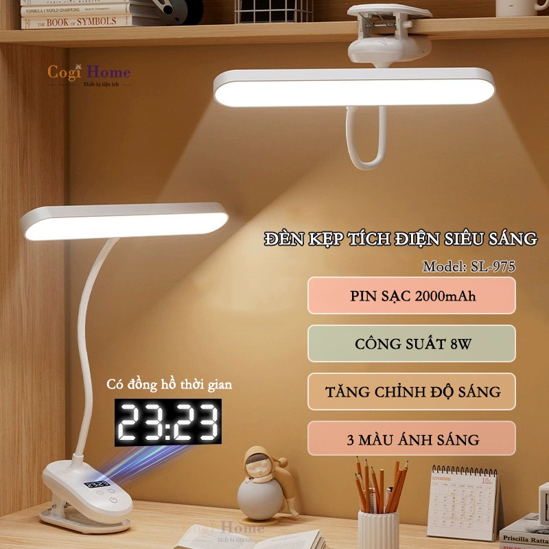  Đèn Bàn Tích Điện Kẹp Bàn Học Chống Cận 3 Màu Ánh Sáng Tích Hợp Đồng Hồ SL-975 