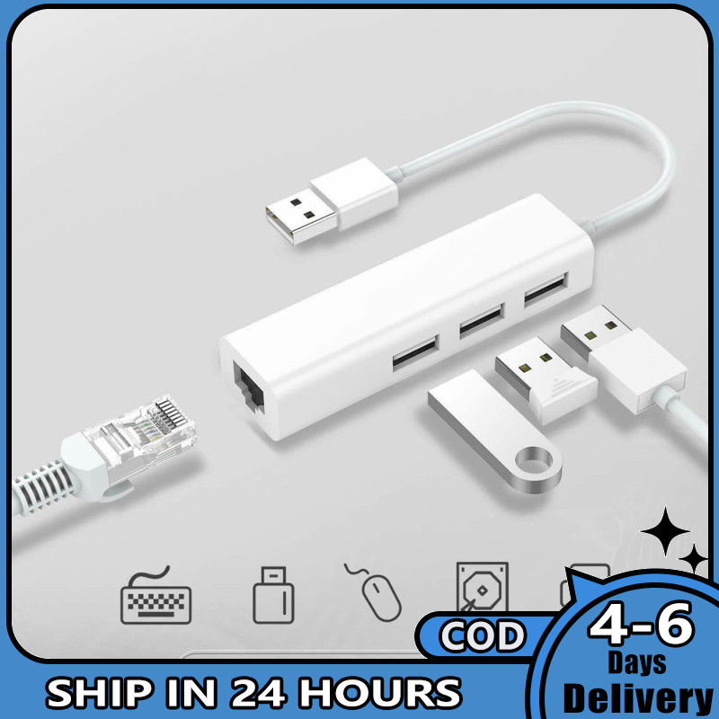 3 Usb Port Hub Rj-45 Lan Network Card Usb To Ethernet Adapter Cable