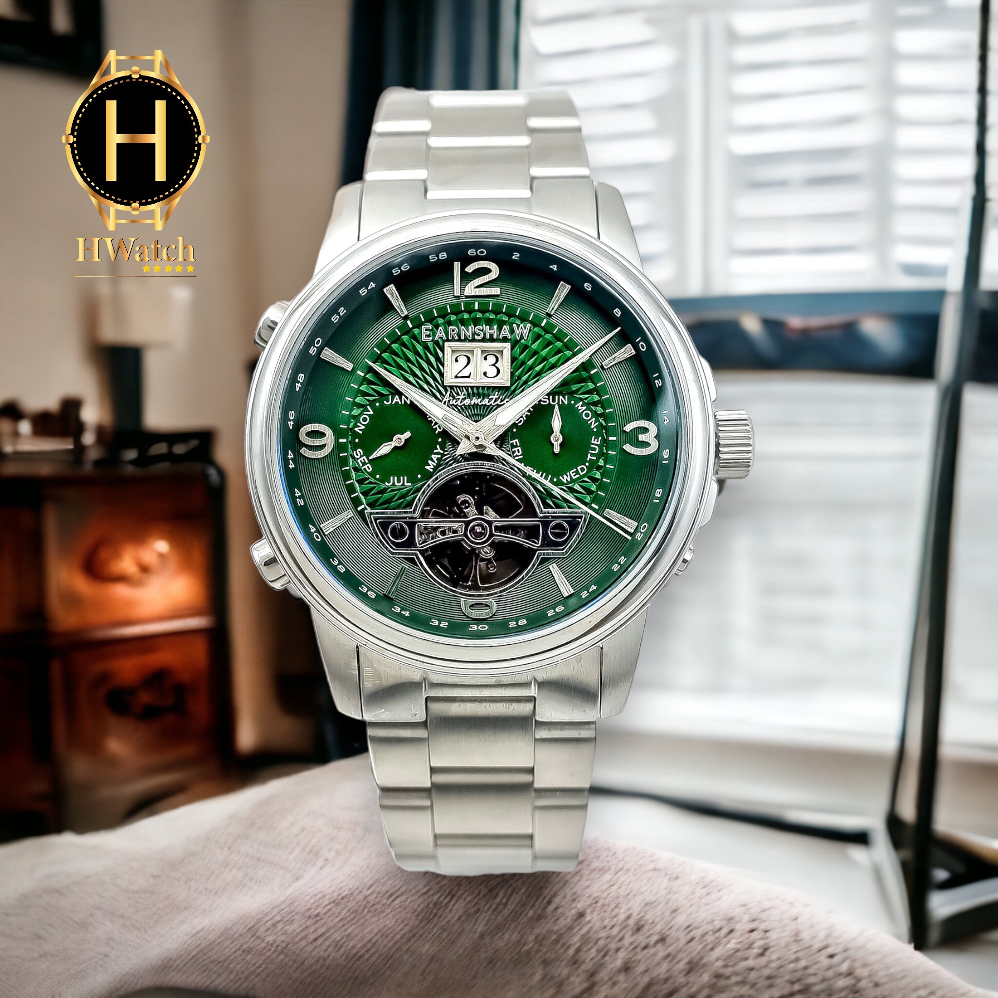 [Chính hãng] [Có sẵn] Đồng Hồ Nam Thomas Earnshaw Automatic ES-8177-33 Dây Sắt Vỏ Bạc Mặt Xanh Lá