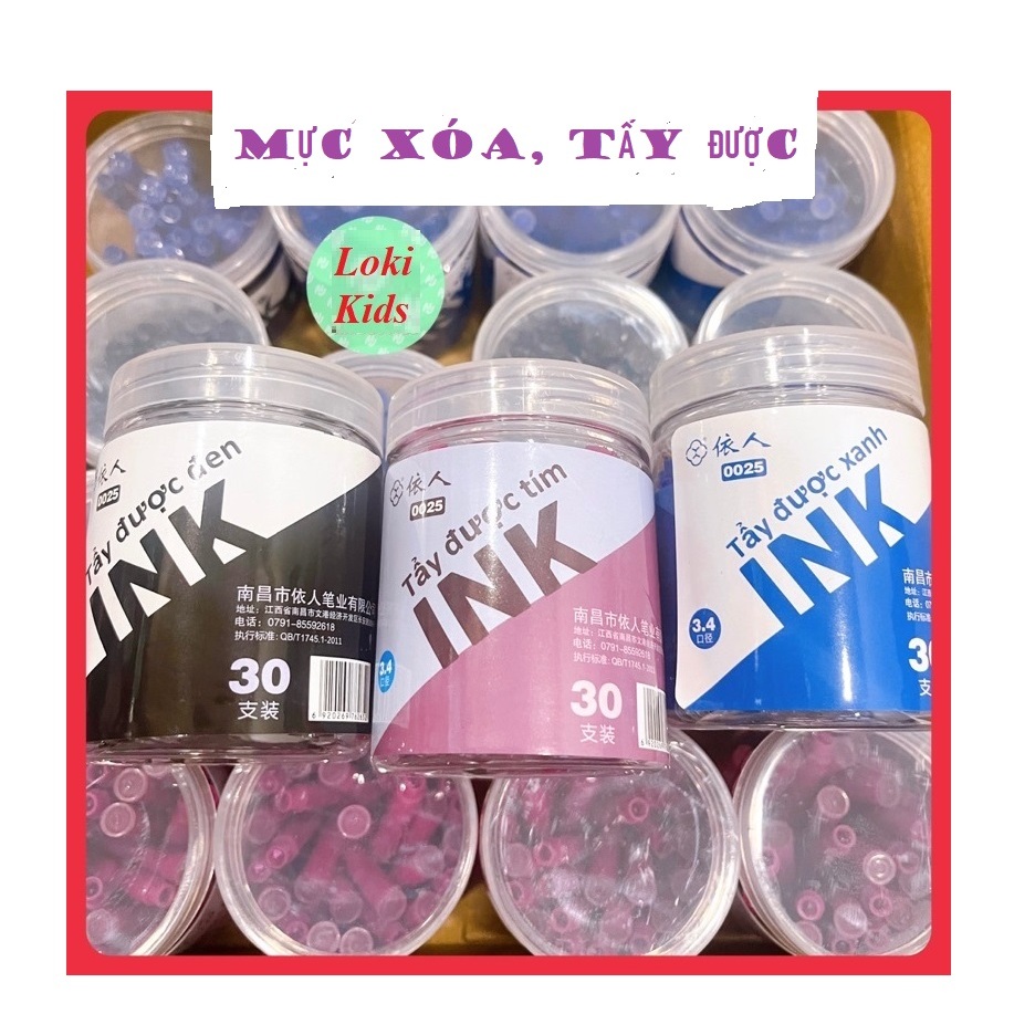 Ống mực xóa được tẩy được hộp 30 ống (3,4mm) mực viết máy, bút máy nhanh khô không thấm không lem mực luyện chữ đẹp
