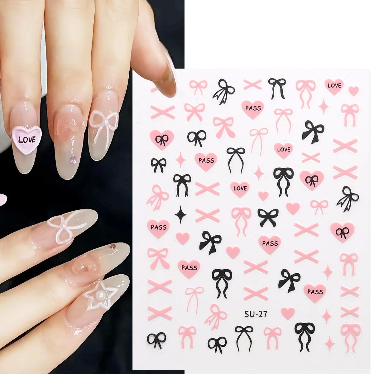 New manicure 3D Nail Bow Decors Valentine Pink Bows Love Heart Nail Stickers Cute Bowknot Ribbons Nail Decals Bow-tie Manicure Supplies SU-27 ราคา 314 บาท*ส่งฟรี