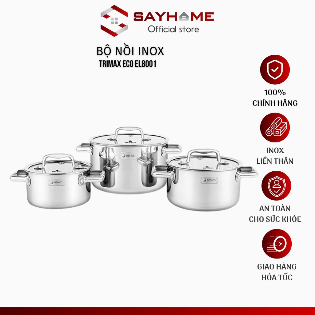 Bộ nồi elmich inox liền khối trimax eco el-8001 size 18, 20, 26cm cao cấp bh 10 năm
