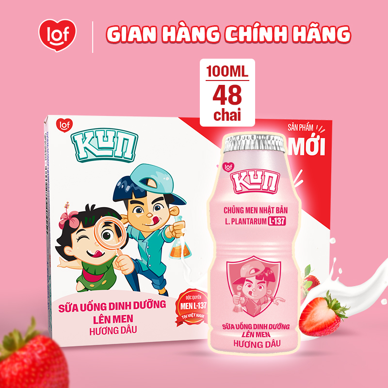 Sữa chua uống KUN dinh dưỡng lên men vị dâu thùng 48 chai x 100ml