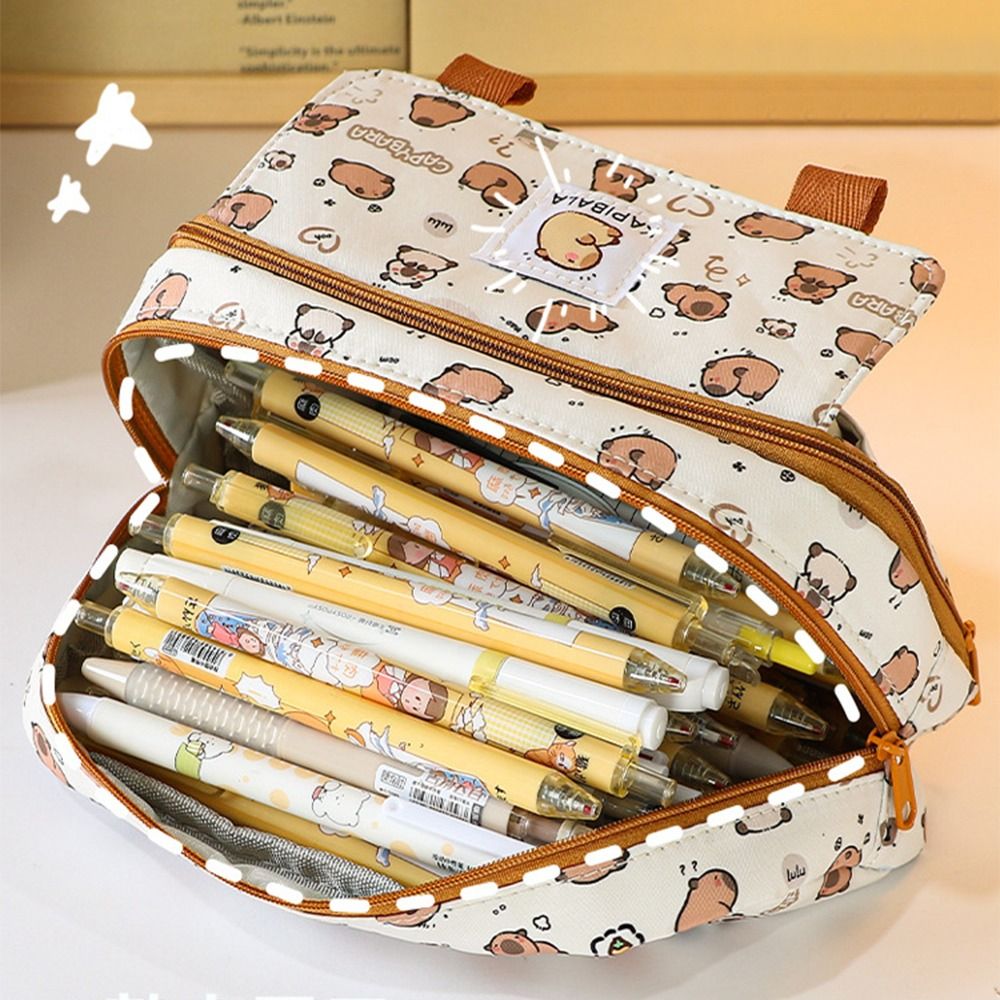 DREAMDRYHR Hộp Bút Chì Túi văn phòng phẩm capybara Nhiều lớp Sức chứa lớn Túi đựng bút hoạt hình Dễ thương Vải bố Túi bút chì capibara Sinh viên