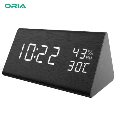 ORIA Wooden Digital Alarm Clock Display Date Temperature & Humidity 3 Levels Brightness Voice Control Smart Voice-Activated with 3 Alarm Sounds for Home Kitchen Bedroom