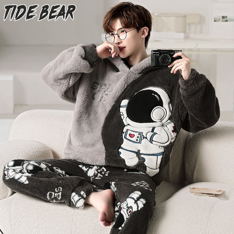 TIDE BEAR Đồ ngủ nam san hô lông cừu mùa thu và mùa đông dày và flannel phim hoạt hình Bộ đồ mặc nhà mùa đông nam