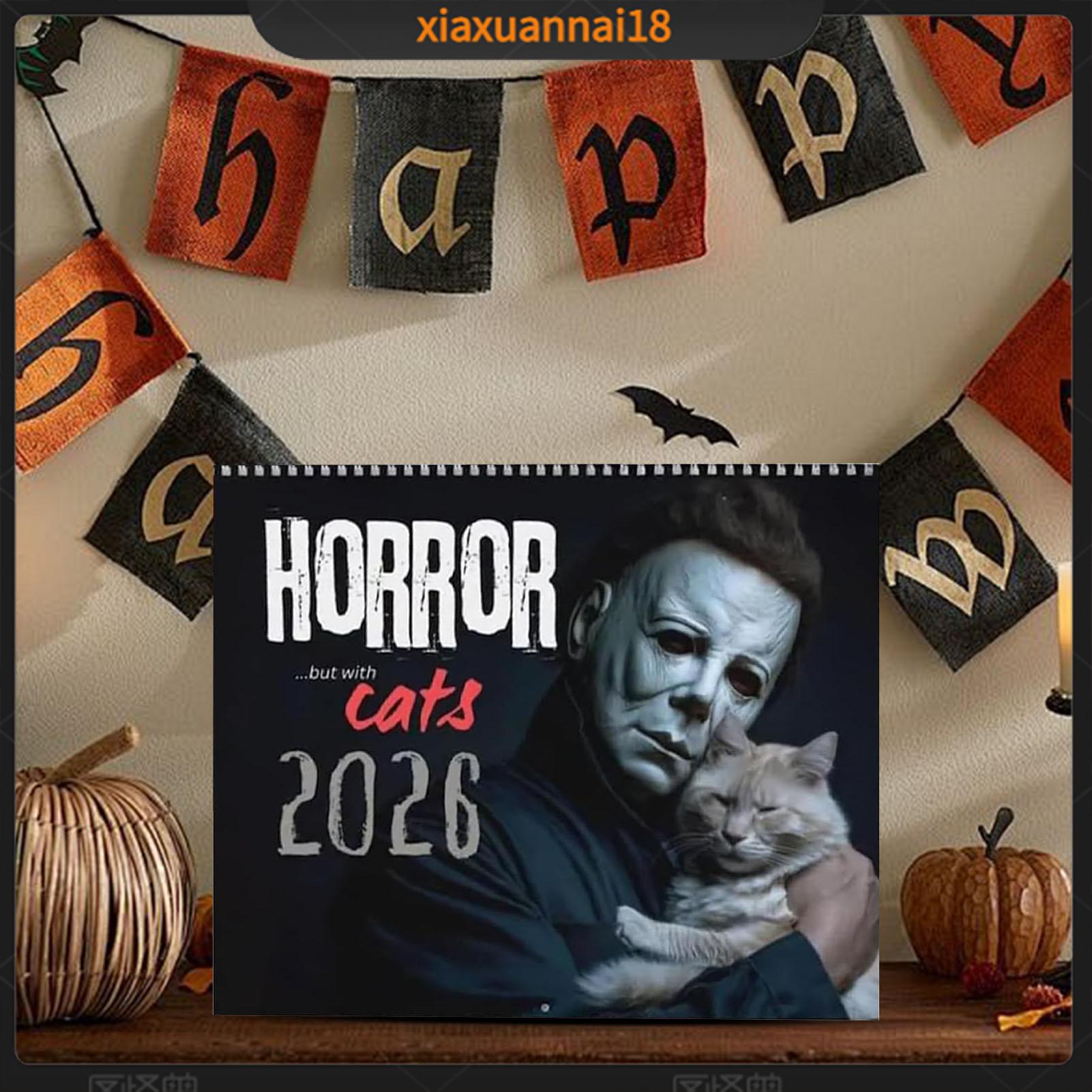Xiaxuannai 2026 Lịch Treo Tường 12 kế hoạch tháng lịch treo tường mèo Ma quái Halloween lịch phim 12 kế hoạch tháng cho người hâm mộ phim đáng sợ lịch Xoắn Ốc treo tường với hình minh họa mèo đáng sợ
