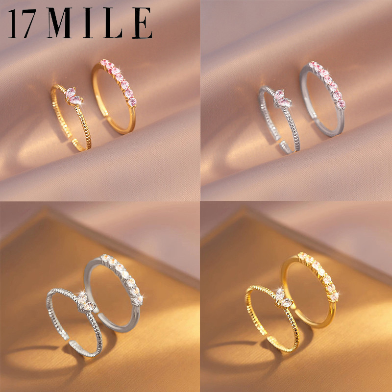 17 MILE 2pcs set Diamond Opening Ring Set for Women Zircon Crystal Heart
