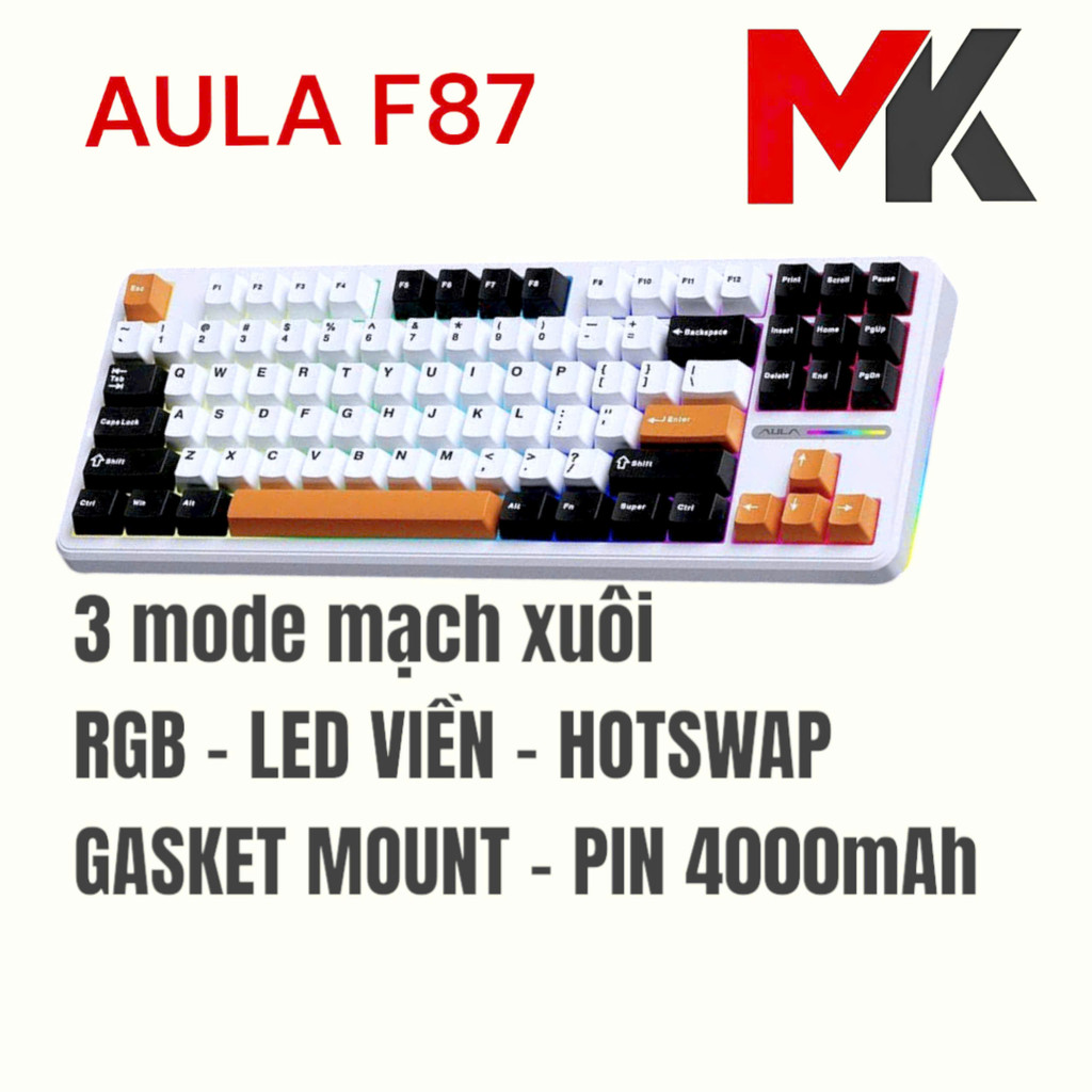 Bàn phím cơ 3 Mode kết nối AULA F87 Hotswap Mạch xuôi Led Viền Gasket Mount LED RGB Keycap PBT