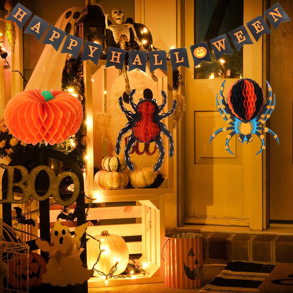 SOUMNS SPORTS Suspension Decoration Halloween Party Honeycomb Spider Lantern Pumpkin