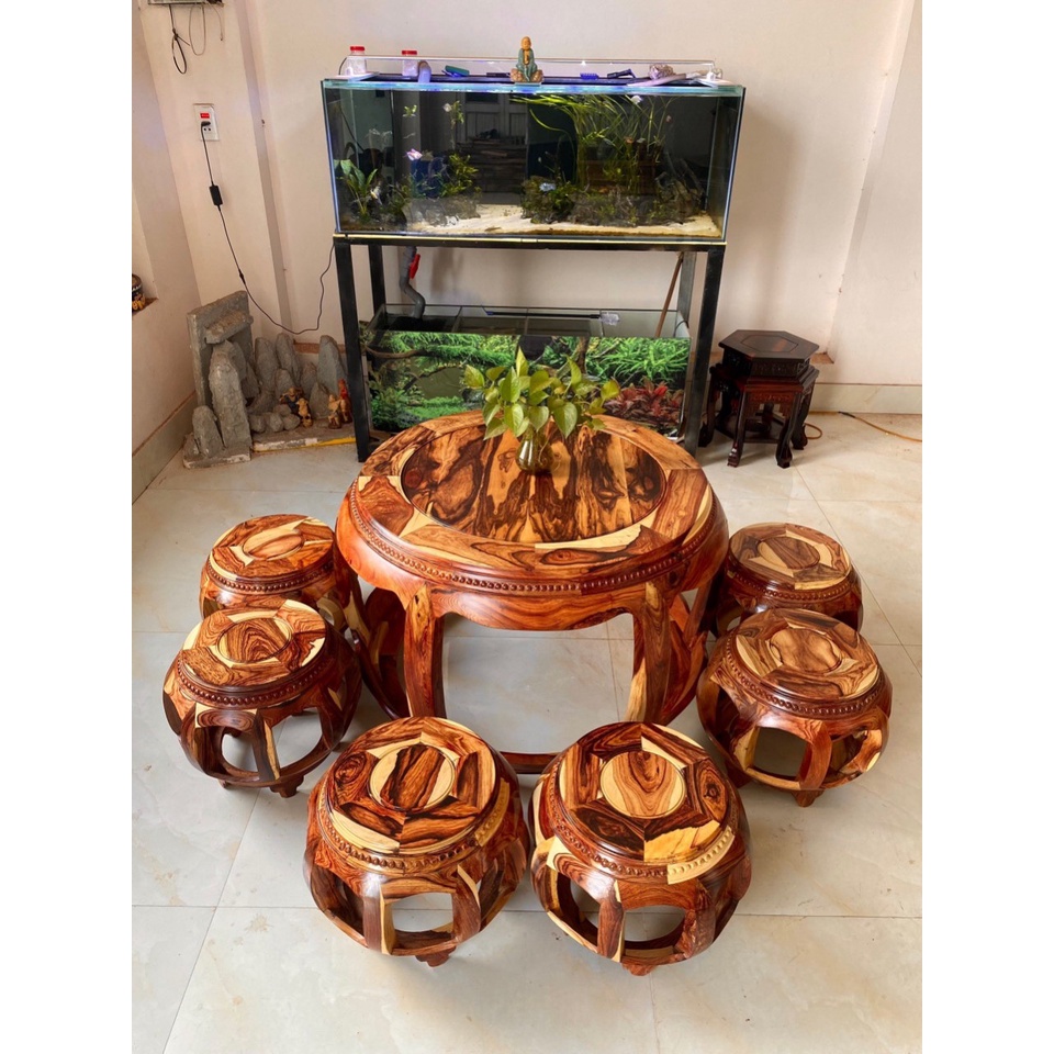 Bàn ghế phòng khách Bộ bàn đôn trống gỗ Cẩm việt -Vân gỗ đột biến Kt bàn cao 60 mặt bàn 76 phủ bì bàn 90 ghế cao 35