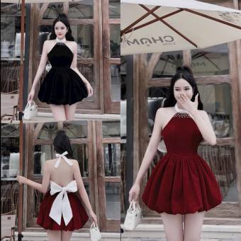 Đầm Xòe Bí Ngô yếm Đính Hạt Cổ Nơ Trắng Lớn Phía Sau Lưng Vải Nhung Cực Kì Sang Chảnh , Đi Chơi , Đi Tiệc Đ010121144