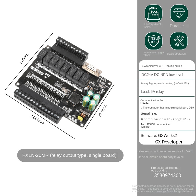 Board Mạch PLC FK FX1N-20MR Mạch Trần: 12 input 8 output Đầu Ra Rơle, DB9 RS232, 24VDC, xung tốc độ cao,Hỗ Trợ GX Works2/GX Developer Mitsubishi