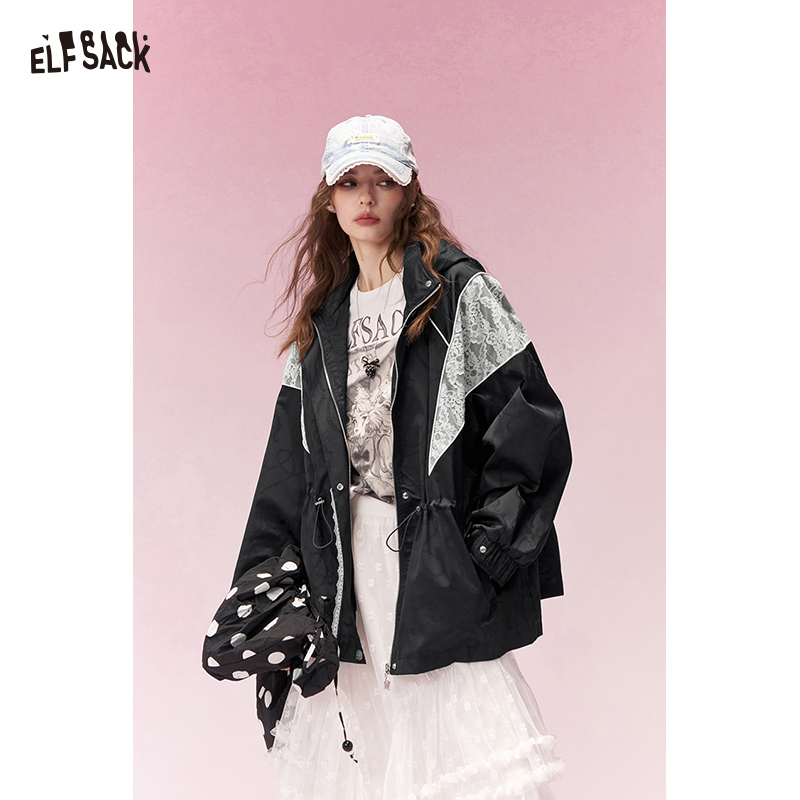ELFSACK Playful Lace Insert Drawstring Waist Hooded Trench Coat For Women ราคา 3,923 บาท*ส่งฟรี