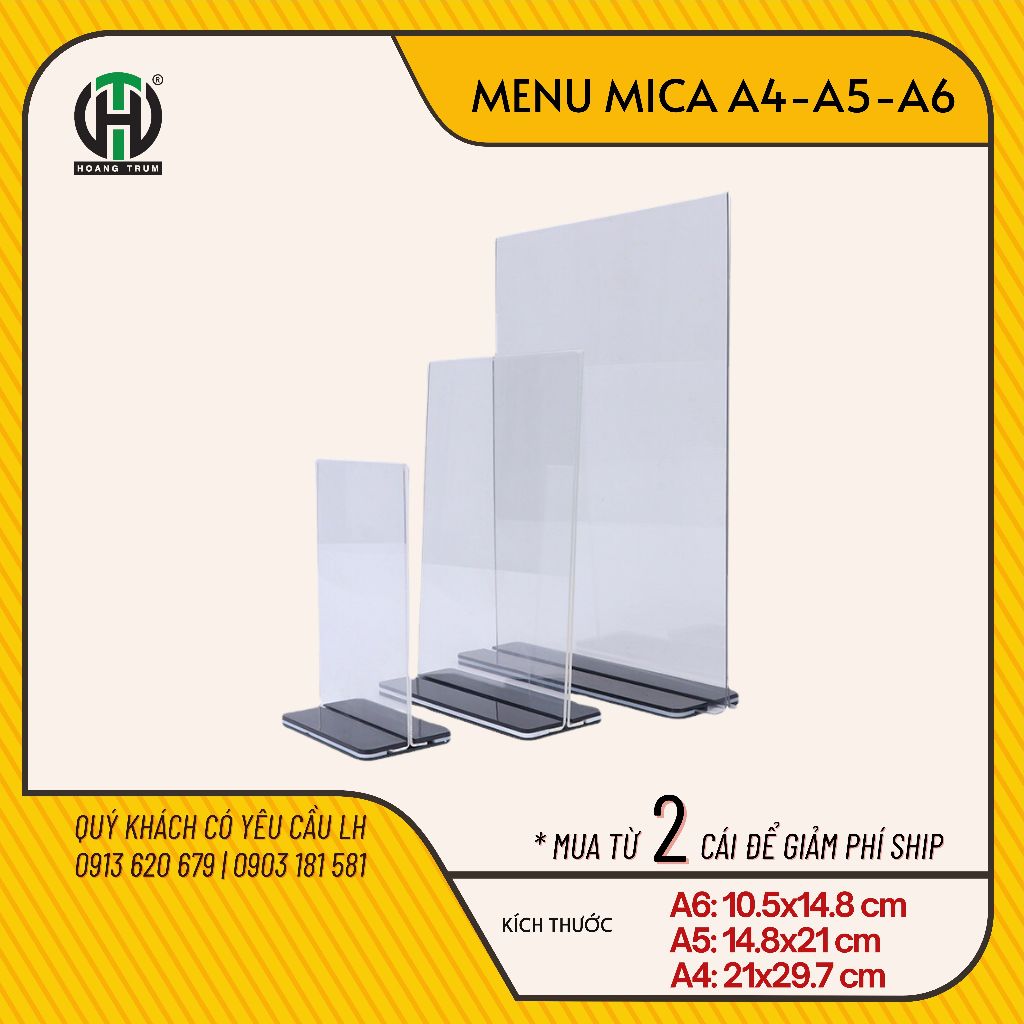 Menu mica, menu để bàn a4, a5, a6 đế đen, mica đài loan