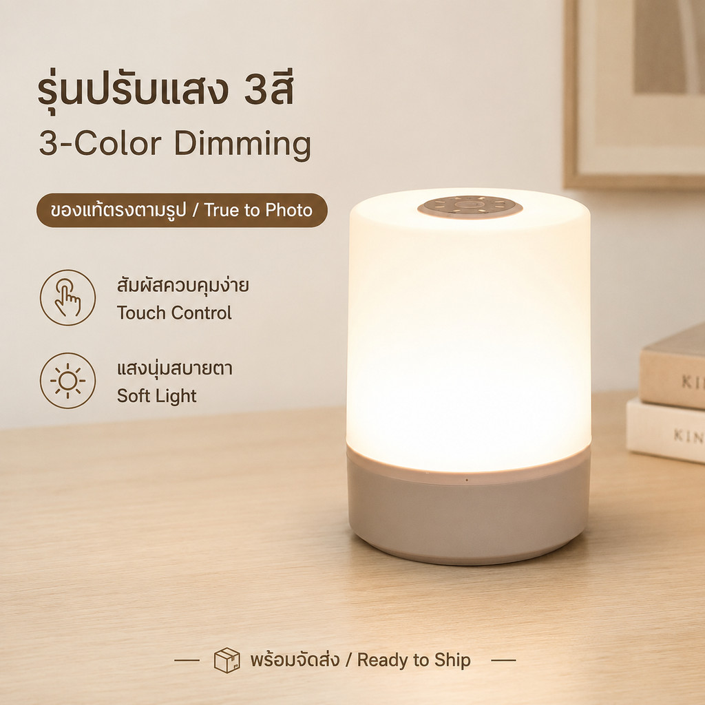 โคมไฟหัวเตียง LED โคมไฟกลางคืนแบบชาร์จได้ 3 โทนสี ระบบสัมผัส ปรับความสว่างได้ ชาร์จ Type-C เลือก 2 รุ่น รุ่นปรับแสง และรุ่นนาฬิกาพร้อมหน้าจอแสดงแบตเตอรี่ สำหรับห้องนอน โต๊ะอ่านหนังสือ หอพัก และพกพา