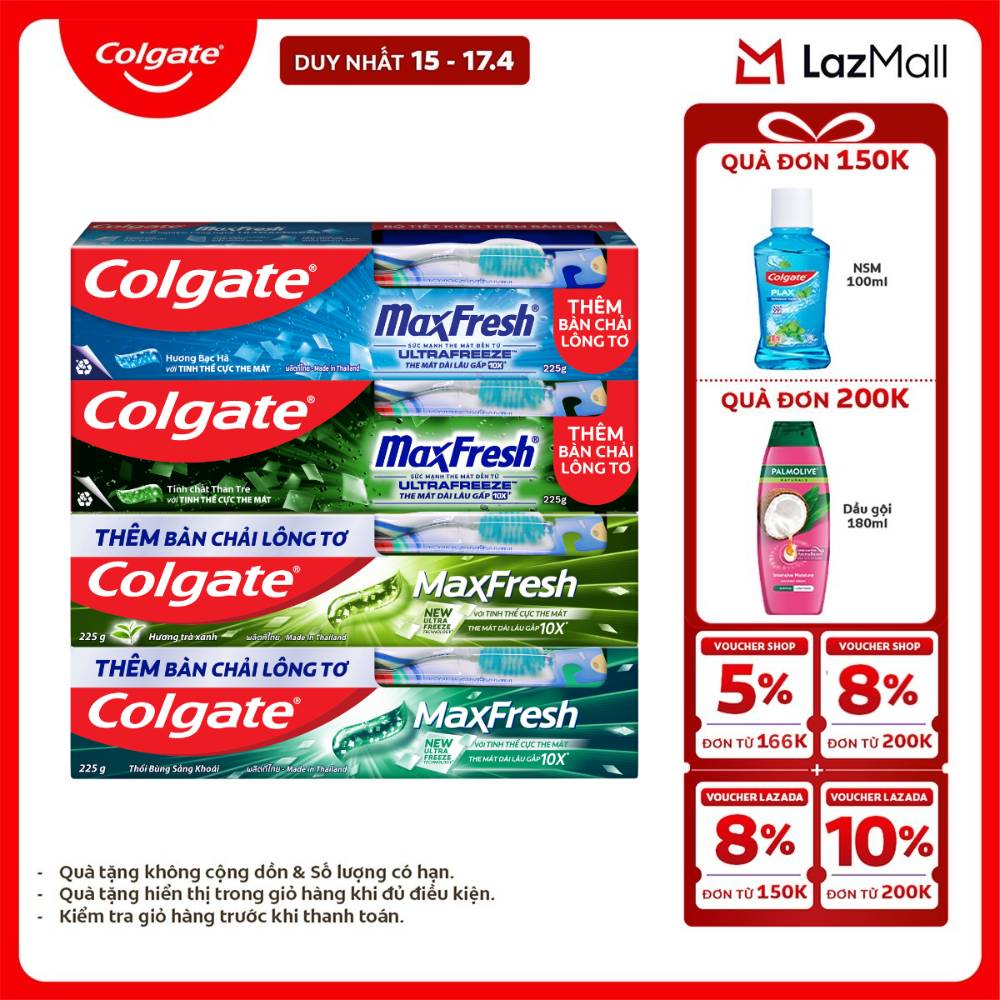 [Chỉ 15-17.4_X2 Voucher giảm đến 18%] Bộ sưu tập 4 kem đánh răng Colgate Maxfresh 225g (Tặng bàn chải lông tơ)