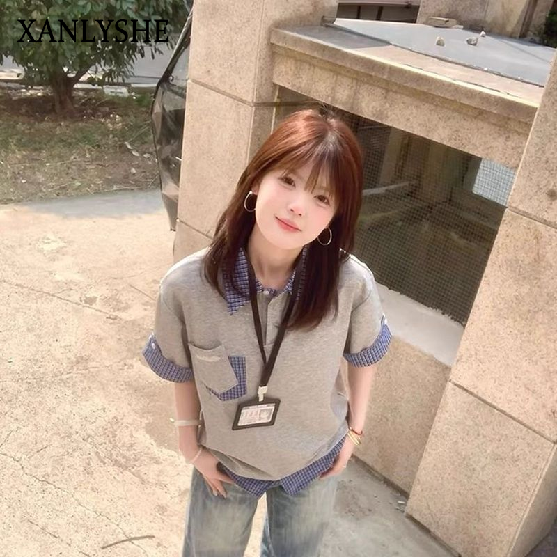 XANLYSHE เสื้อยืดผู้หญิงเสื้อยืดแขนสั้นลำลองแบบเรียบง่ายแมทช์ลุคง่าย ราคา 137 บาท*ส่งฟรี