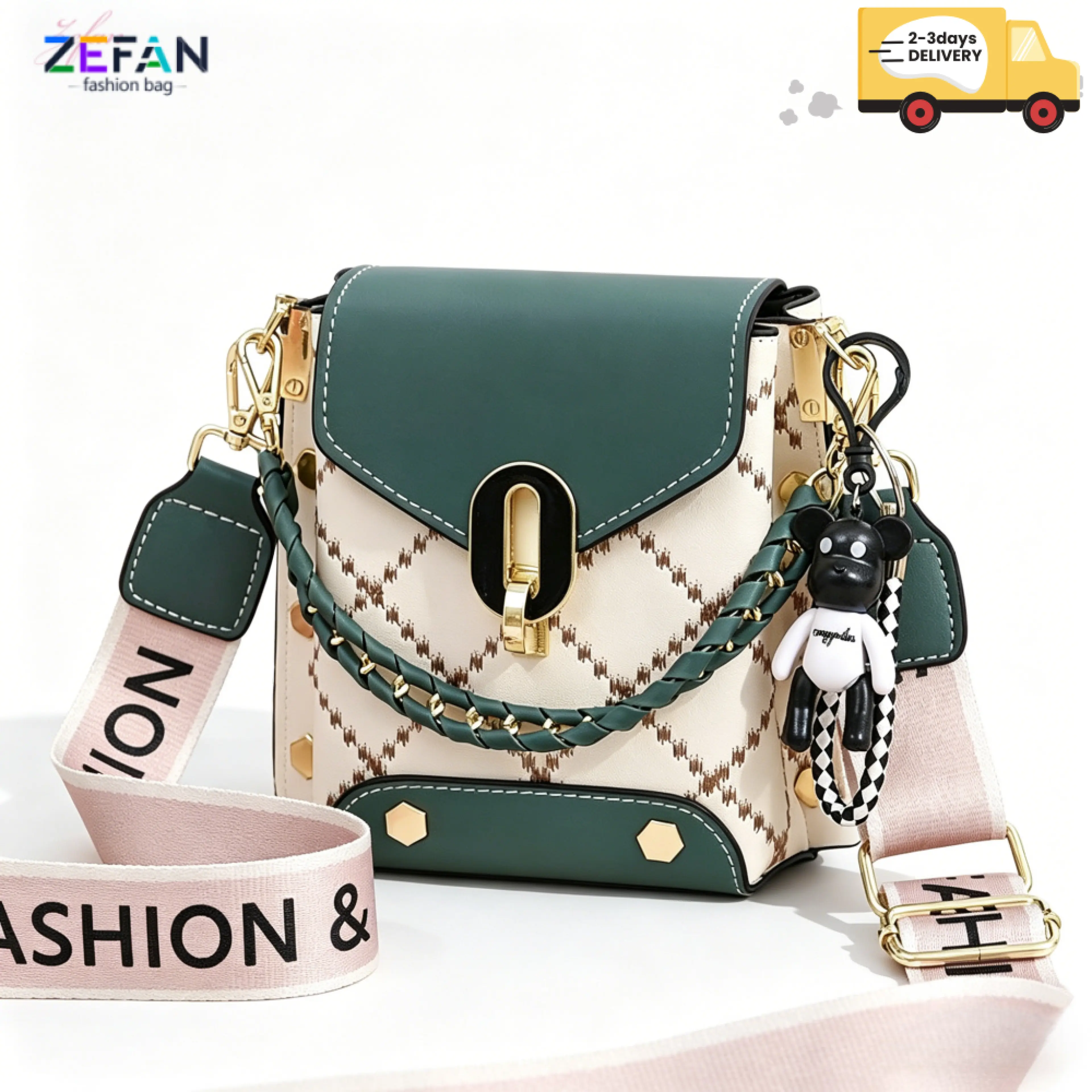 Zefan 【2-3 Days Delivery】New Women's Bag Fashion Vintage Small Square Bag Diamond Check Print Shoulder Bag