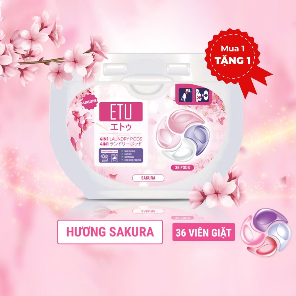 Viên Giặt Quần Áo ETU 4In1 Hương Sakura Hoa Anh Đào - Thơm Sạch Dịu Cho Trẻ Em/Da Nhạy Cảm, Mềm Vải