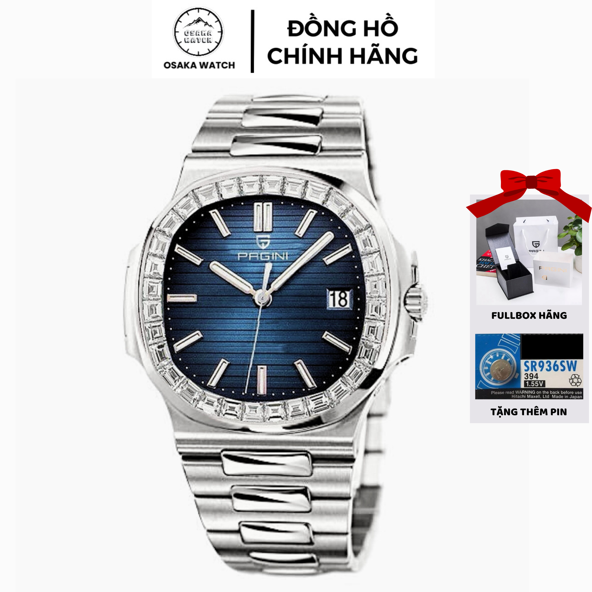 Đồng hồ nam pagini nautilus pa9979 viền đá mặt vuông dây thép không gỉ chính hãng fullbox - osaka watch