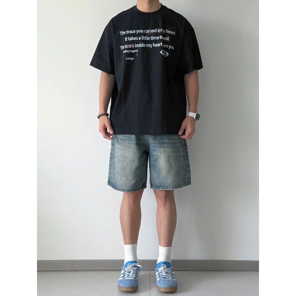 Quần Short Jeans Nam form ngắn trên gối wash màu xanh bụi chất vải jeans dày dặn menswear