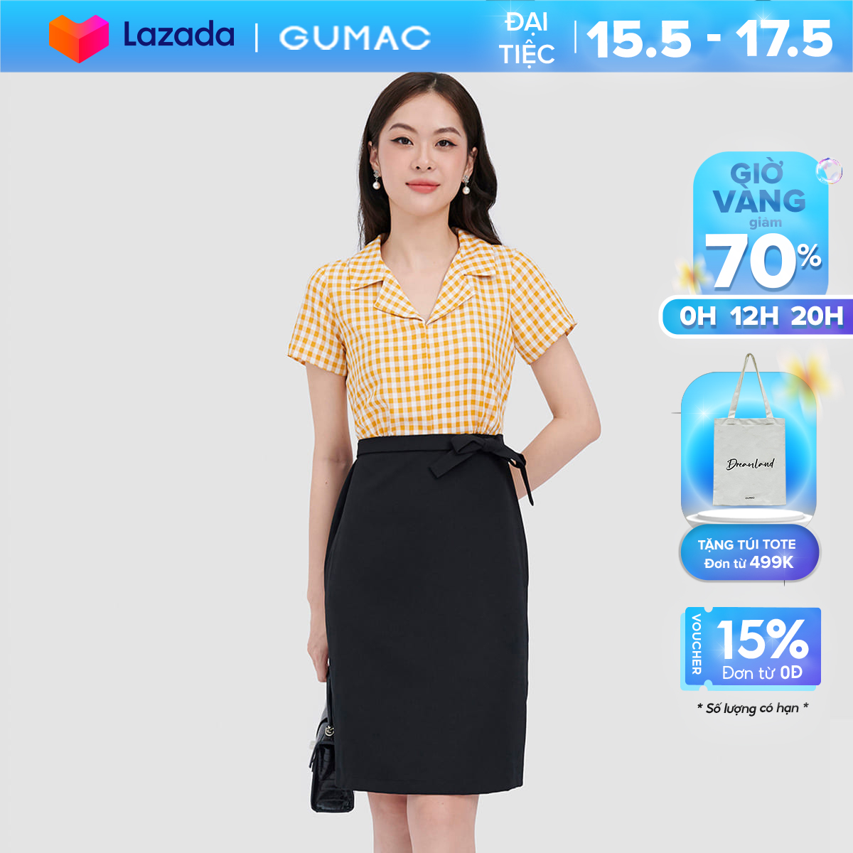Đầm caro phối nút thời trang gumac dc10071