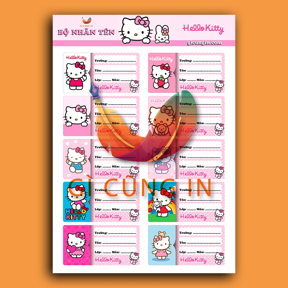 Set 10 Nhãn Vở Hình Ảnh Dễ Thương Mẫu Hello Kitty - Gì Cũng In - Decal Chống Thấm Nước