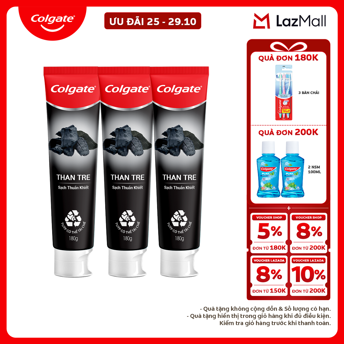 Bộ 3 Kem đánh răng Colgate thiên nhiên khử mùi diệt khuẩn từ Than tre Hàn Quốc  bạc hà 180g/ tuýp