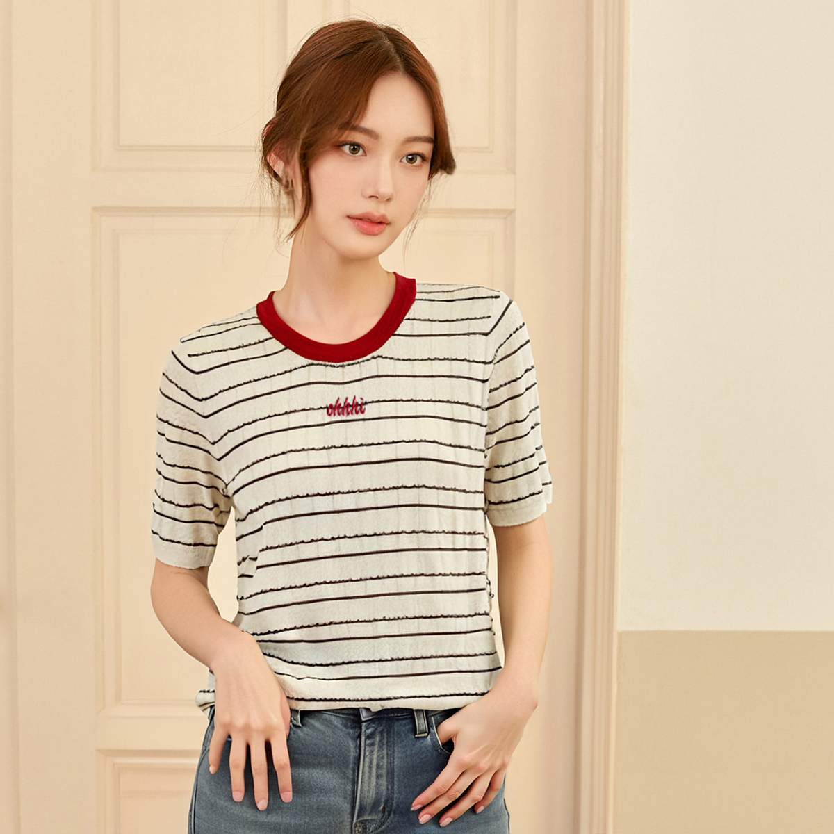 BRANCHÉ เสื้อสำหรับผู้หญิงฤดูร้อนที่ดีเกาหลีสบายลายทุกวันพื้นฐานแขนสั้นคอกลมเสื้อลำลอง B250313 ราคา 872 บาท*ส่งฟรี