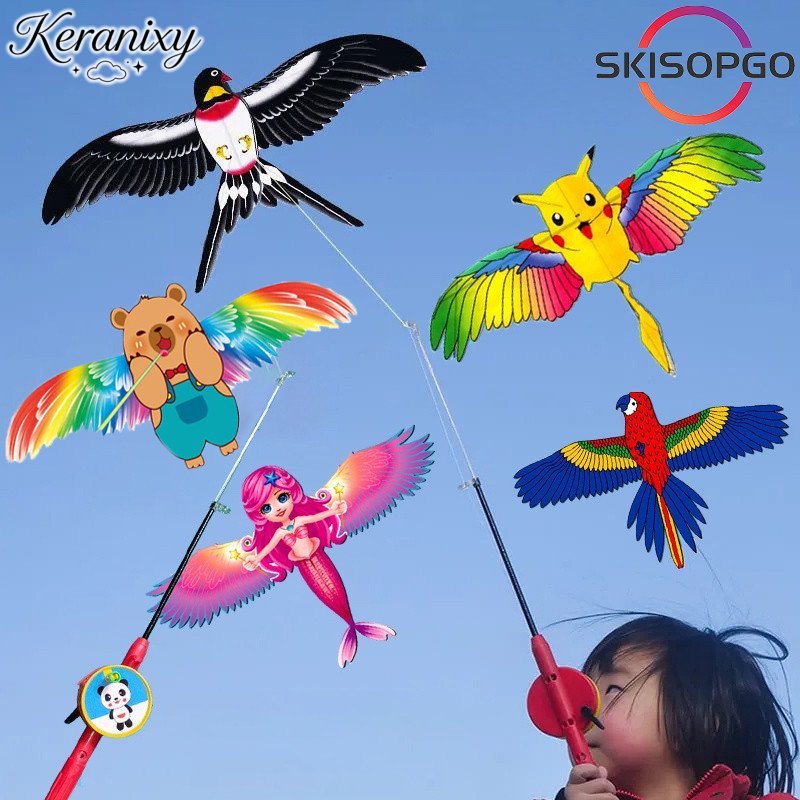 Keranixy Diều mini cho bé kích thước nhỏ có cần câu điều khiển họa tiết hoạt hình chất liệu nhẹ dễ bay đồ chơi ngoài trời