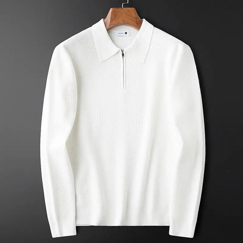 Áo polo trắng nửa zip đan ấm cho nam, áo len dài tay, áo sweatshirt có cổ cho nam