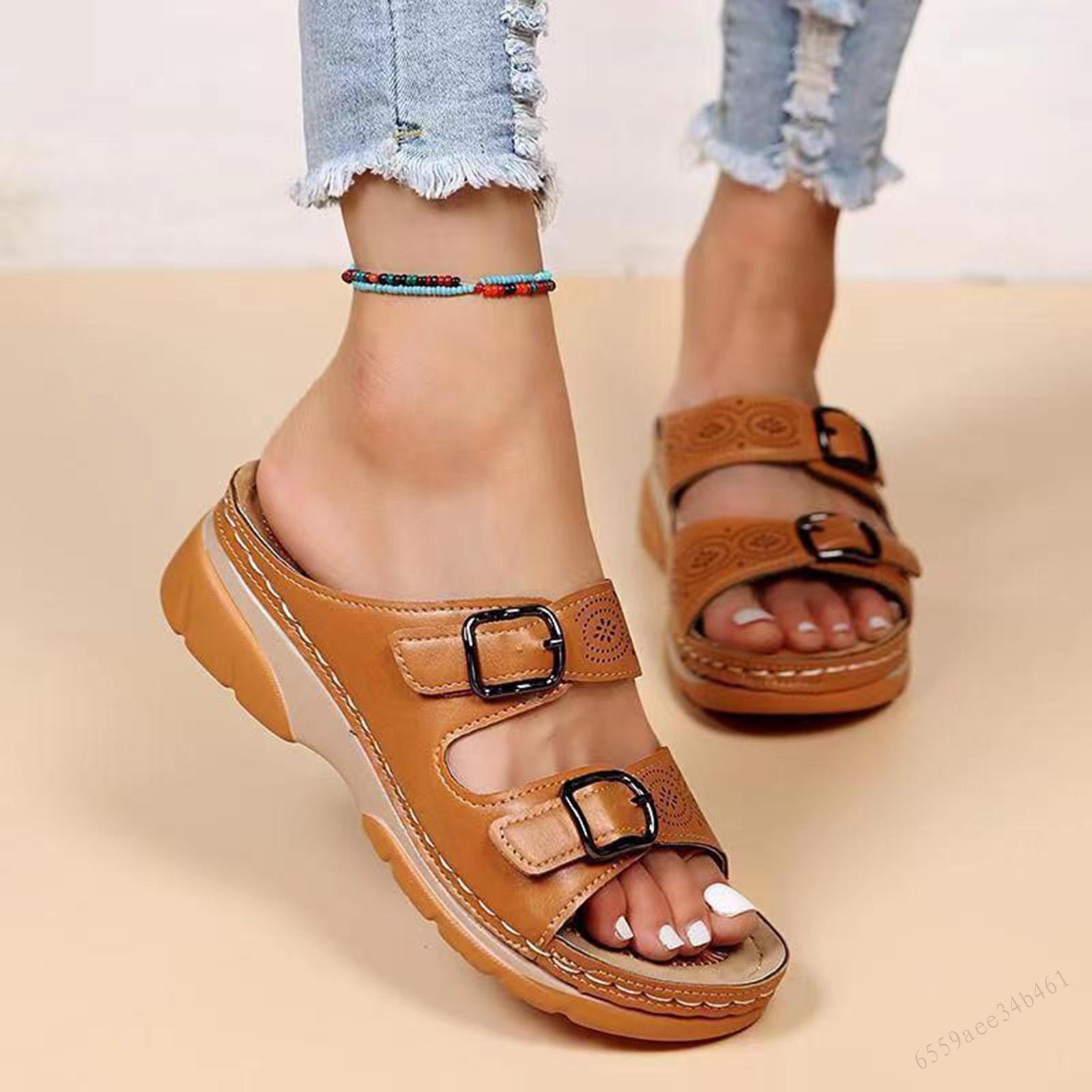 YTRY Summer Women Wedge Slippers Female Non-slipped PU Leather Sandals Suitable for Going Beach Side Wear YY-MY